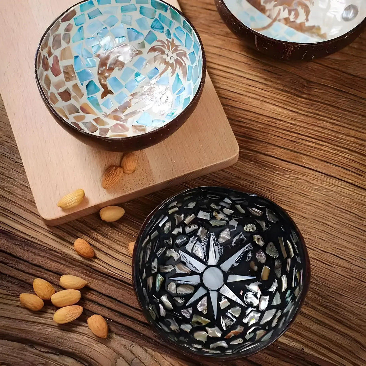 bol décoratif coquille coco artisanal mosaïque bois rangement bijoux clés maison