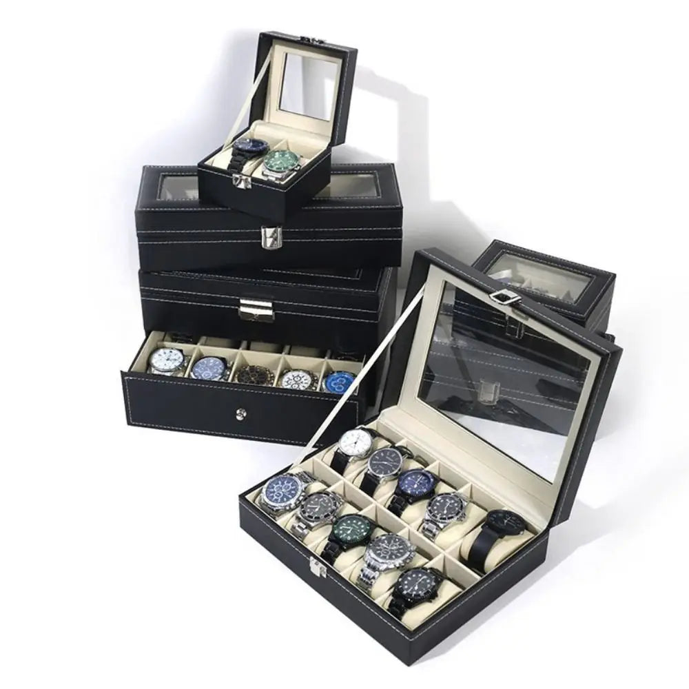 boîtes montres simili cuir noires classiques verrouillables coussinets amovibles compartiments multiples grandes vitres transparentes