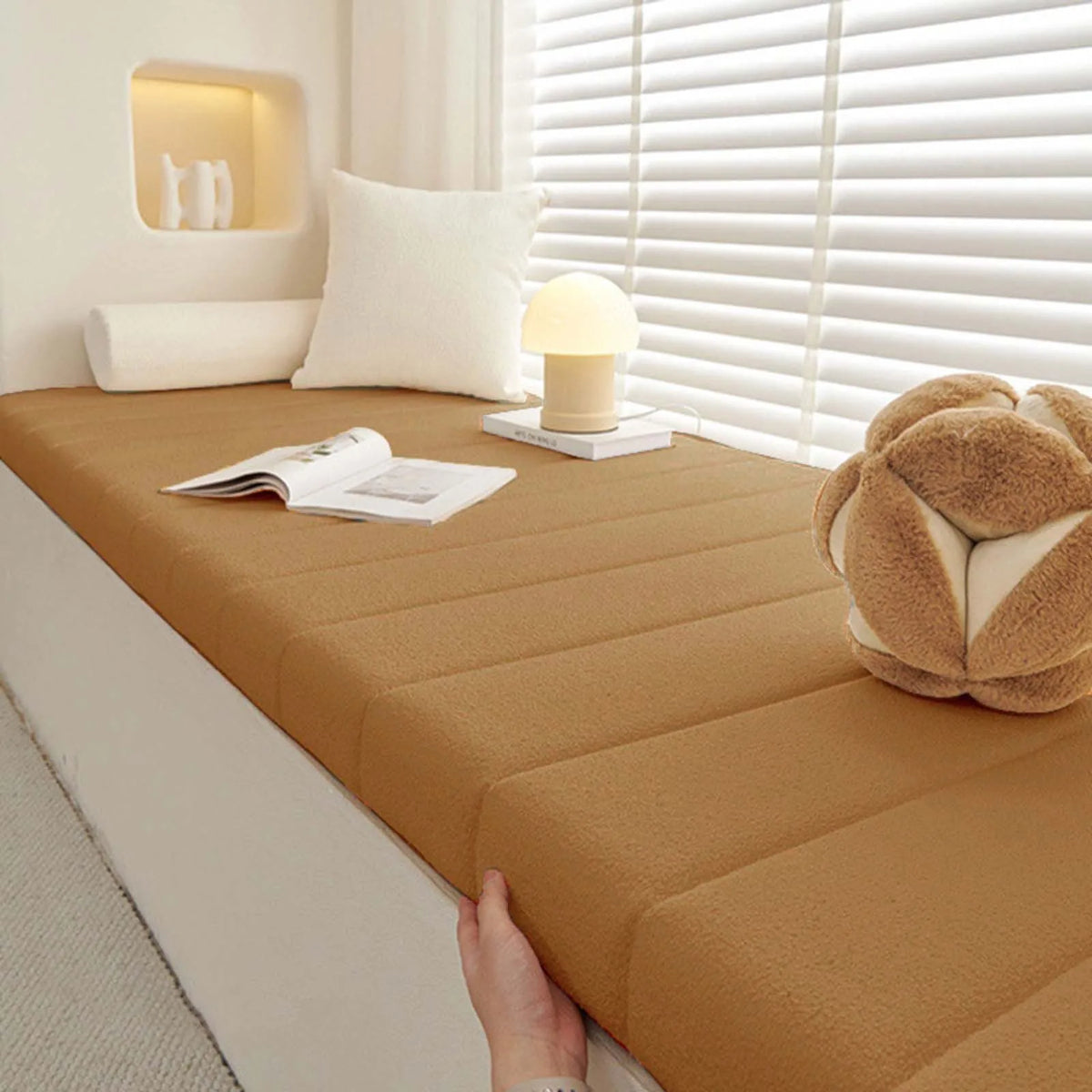 coussins personnalisables tissu coton lin simple vert banc bois naturel fixés