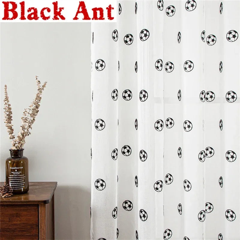 rideau transparent football brodé moderne polyester blanc anneaux maison
