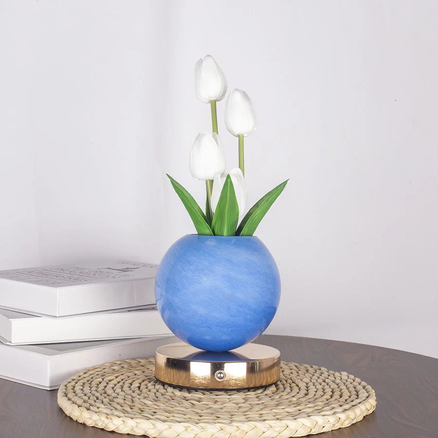 lampe table moderne rechargeable tulipes multicolores marbrées base métallique bleu rose orange violet rechargeable