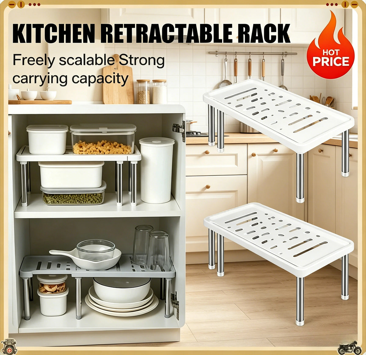 étagère cuisine rétractable blanc gris moderne perforations pieds métalliques bouteilles épices appareils électroménagers