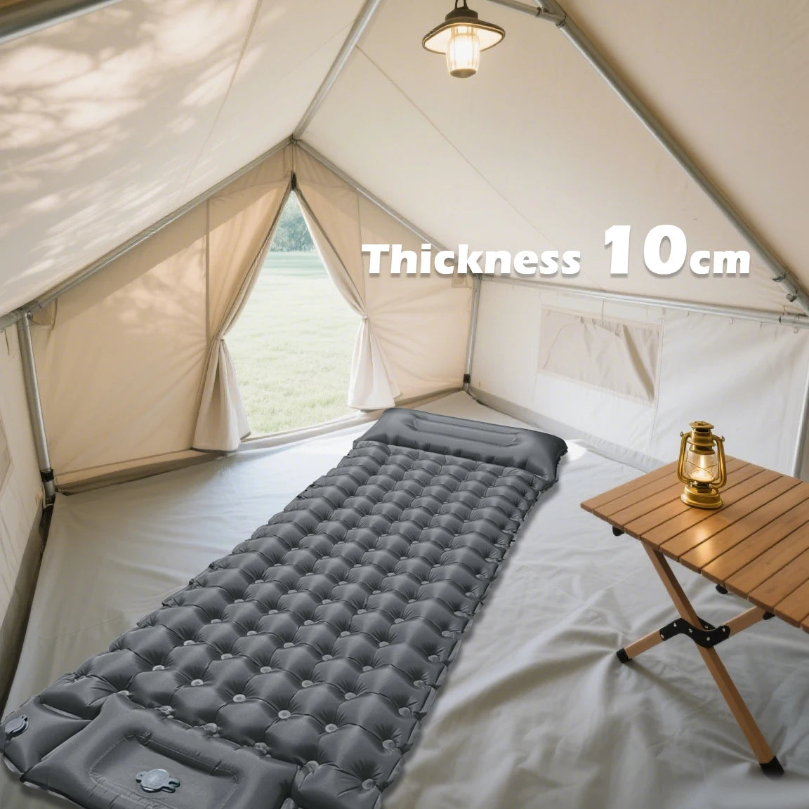 matelas gonflable bleu marine confortable texture boutons sac rangement camping plein air