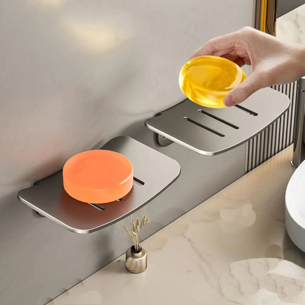 porte savon mural gris métallisé moderne savon lisse adhésif minimaliste orange plateau