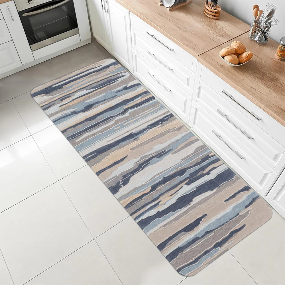 tapis sol moderne rayures horizontales beige gris bleu motif bois vieilli antidérapant intérieur