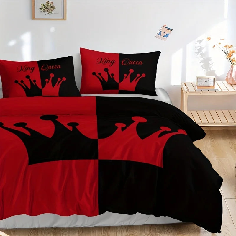 parure lit housse couette rouge noir motif couronne texte king queen moderne
