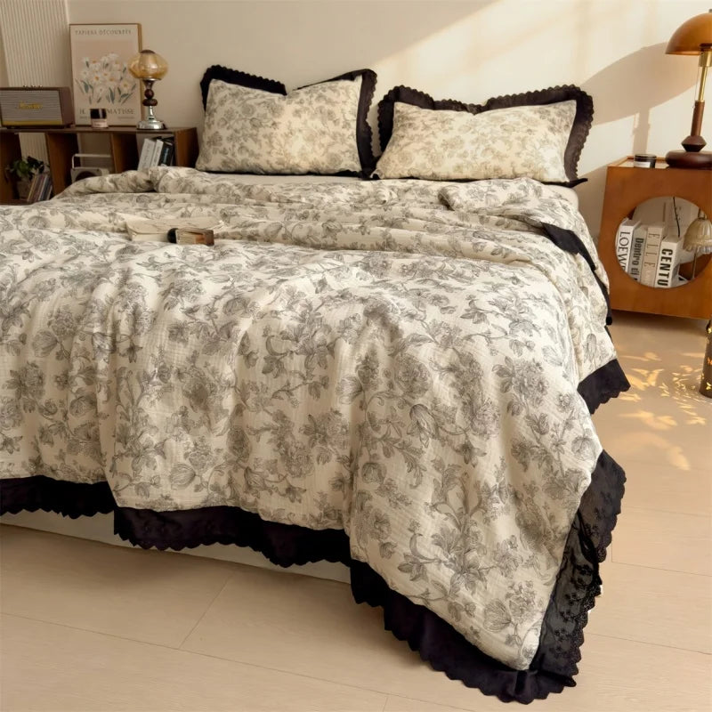 couverture d'été coton froissé motif papillons beige noir vintage lit 150x200cm machine laver