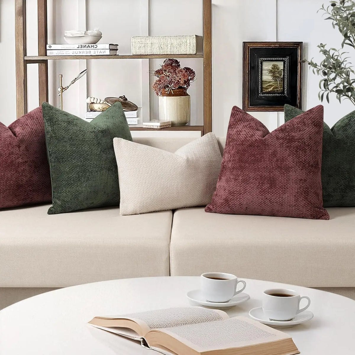 housse coussin chenille vert foncé moderne carré décoratif lit sofa tissage polyester artisanal haute