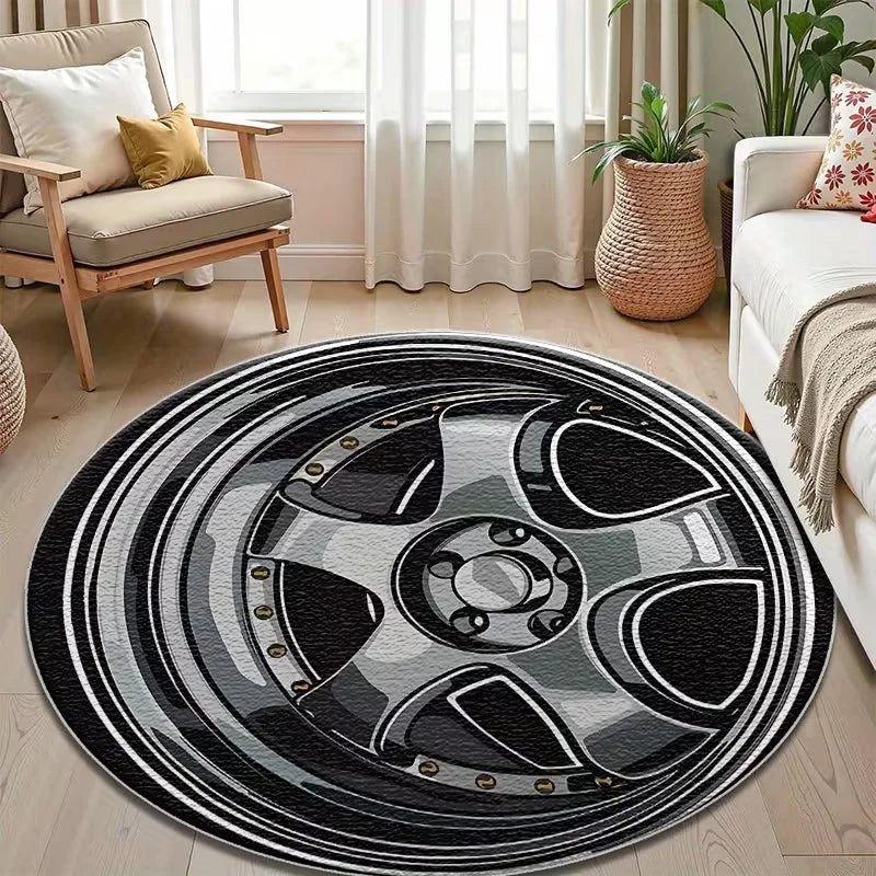 tapis moderne roue voiture noir gris orange salon chambre bureauextérieur salle bain 80x80cm 120x120cm