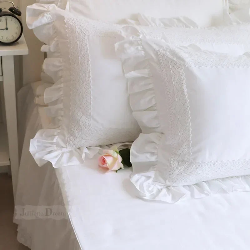 taie d'oreiller coton blanc vintage volants dentelle lit mariage chic
