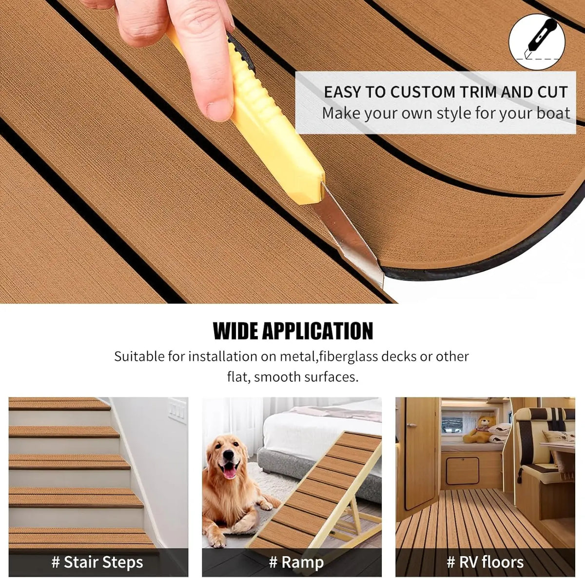 revêtement sol bateau mousse eva imitation teck antidérapant adhésif marron noir yacht