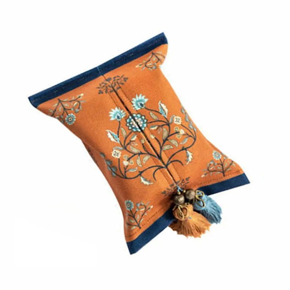Sac mouchoirs vintage floral orange blanc bleu tassel boho chic decoration reusable