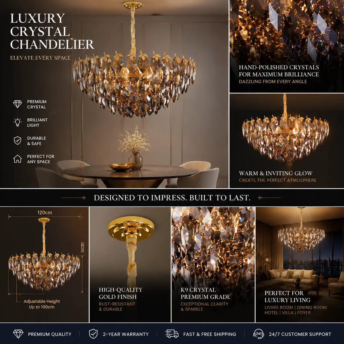 lustre cristal doré facettes brillantes élégant salon chambre moderne suspension transparent