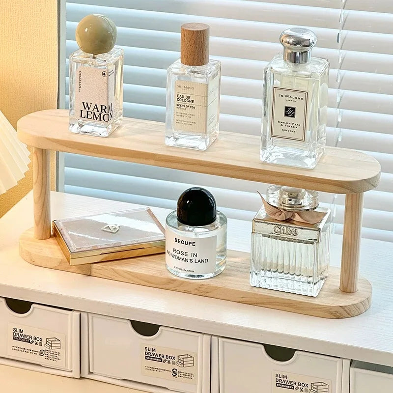 étagère bois deux niveaux moderne rangement parfums figurines deco minimaliste