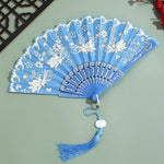 éventail pliant traditionnel violet blanc fleurs brodées clips métalliques pompon élégant décoration danse hand