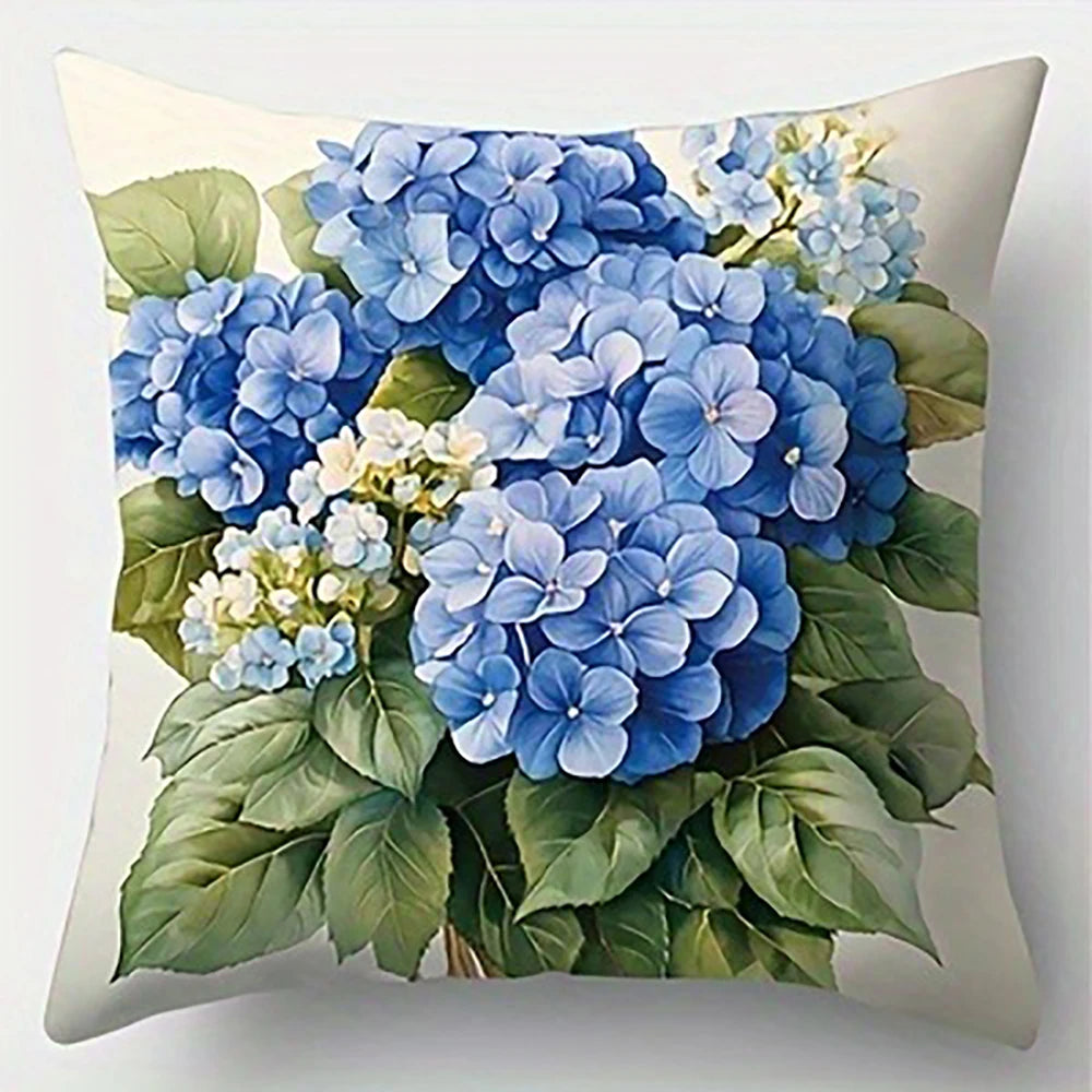 housse coussin fleurs hydrangeas bleu blanc vert classique 45x45cm zipper cache