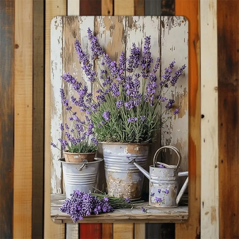 décoration murale rustique plaque métal fleurs lavande pots arrosoir vintage blanc bleu gris violet