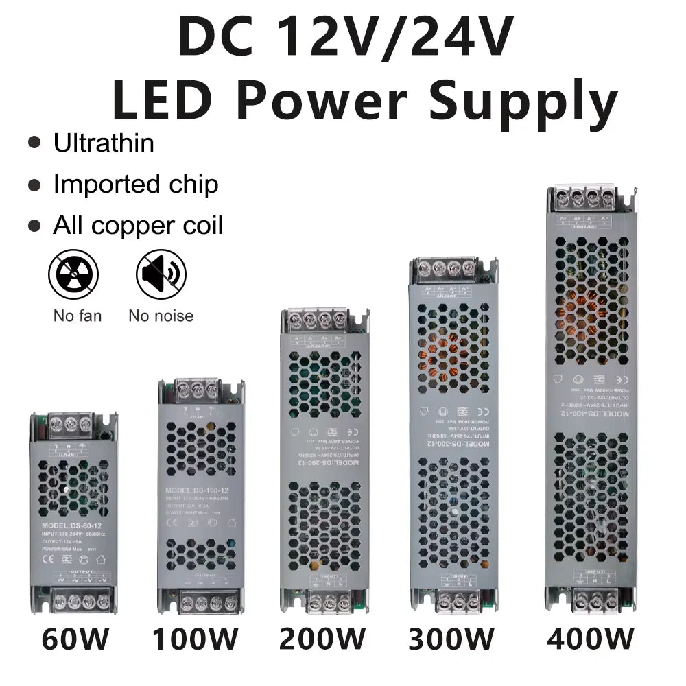 alimentation led 12v 24v 60w 100w 150w 200w 300w 400w transformateur silencieux gris perforé