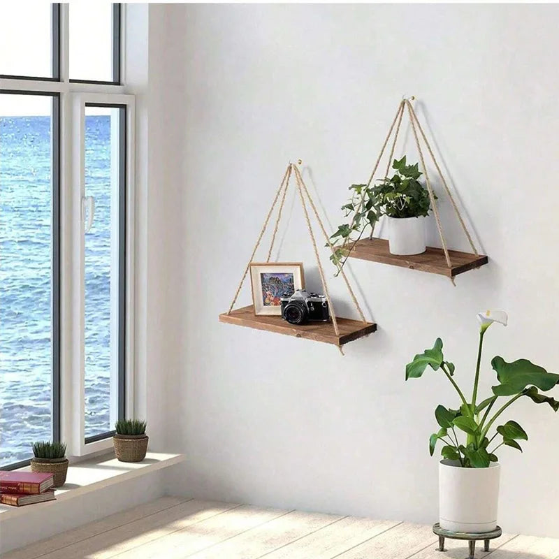 étagère suspendue bois naturel claire corde beige minimaliste rustique plantes bougies