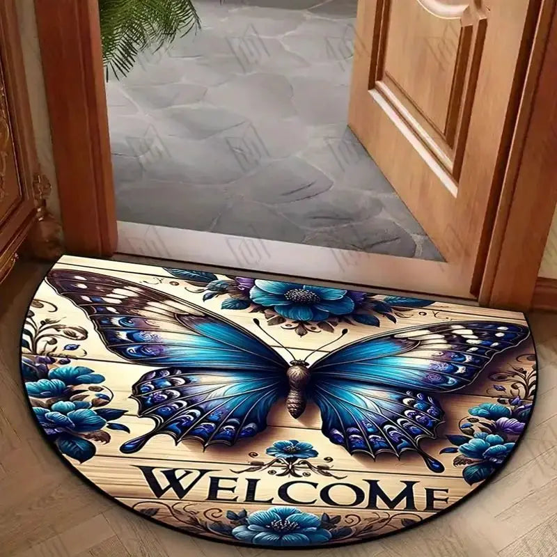 tapis d'entrée moderne papillon bienvenue bleu beige brun antidérapant résistant extérieur couloir véranda
