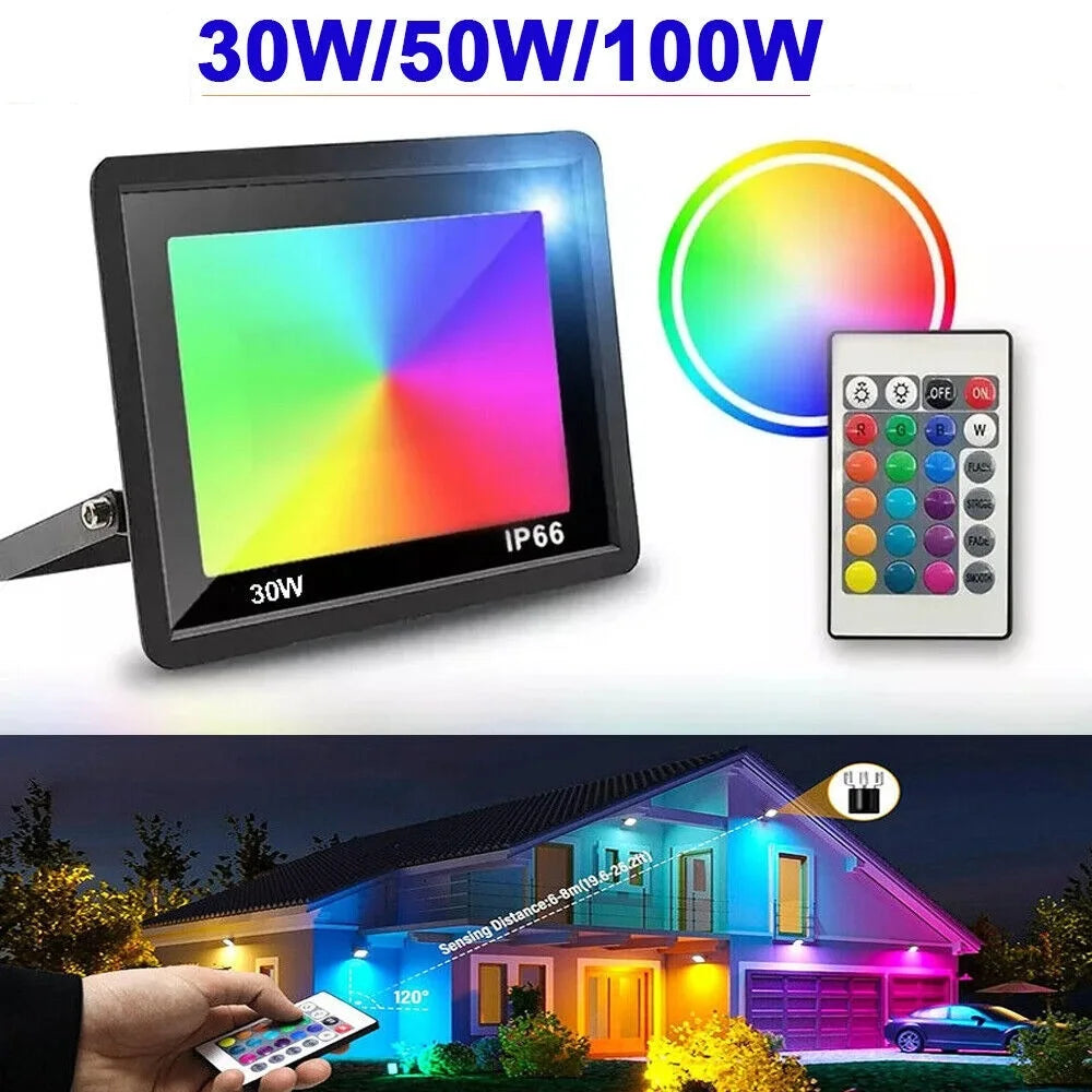 projecteur led rgb 100w 50w 30w ip66 exterieur noir moderne telecommande 24key