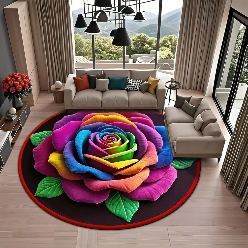 tapis rond multicolore rose feuilles vertes moderne adhésif rapide séchage salon chambre qualité absorption