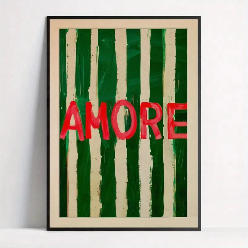 affiche moderne vert amore cadre métal chambre salon rouge blanc rayures vertical