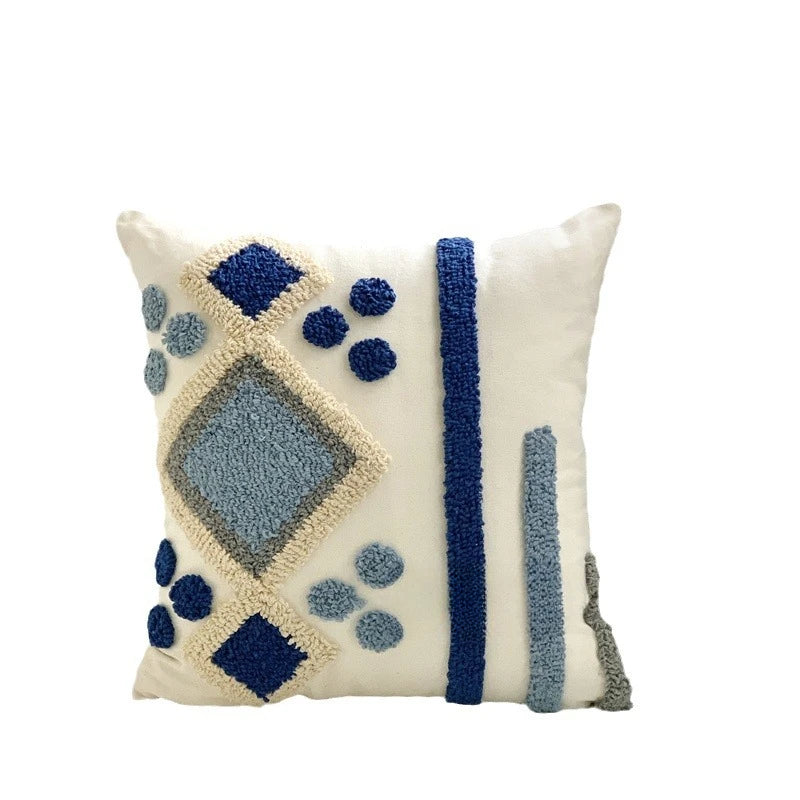 coussin brodé polyester moderne bohème motif géométrique blanc beige bleu gris marron 45x45cm