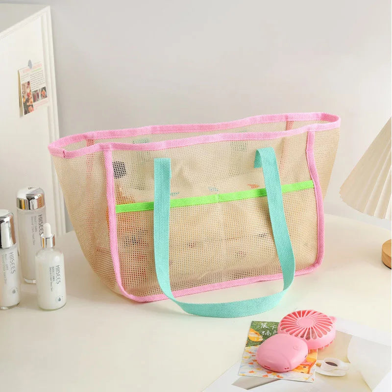 sac plage maille transparent décontracté multi usages pliables polyestère rose beige ventilateur cosmétique lunettes