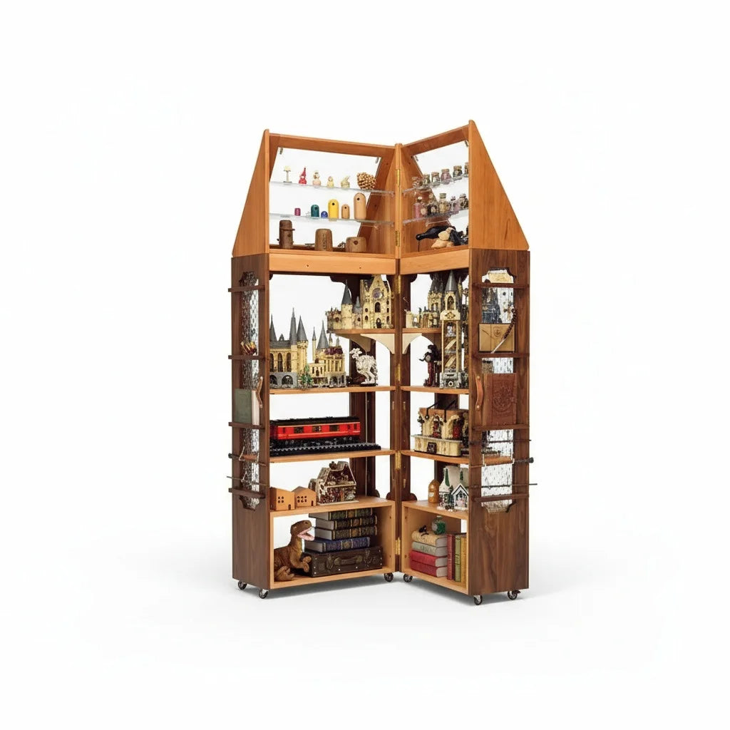 bibliothèque modulable bois clair étagères sculptées vitrine transparente rétro figurines livres