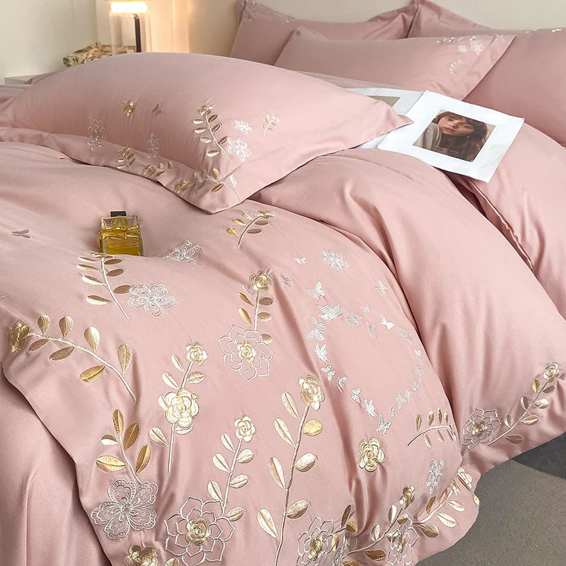 ensemble literie classique broderie florale dorée 100% coton bleu clair rose pâle gris clair