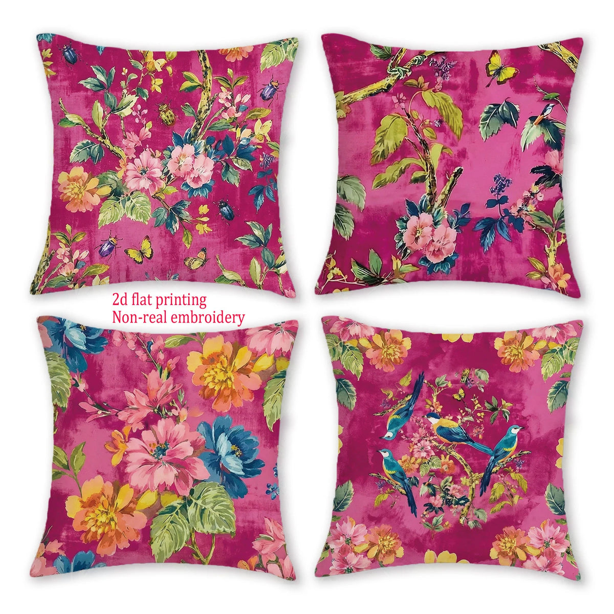 coussin carré rose vif fleurs papillons vintage opacité polyester peacheskin zipper dimension 45x45cm