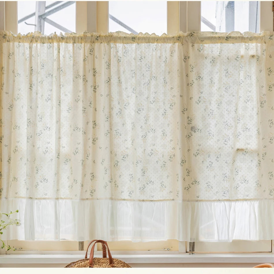 rideau voile coton beige blanc fleurs petites dentelle romantique translucide fenêtre salon cuisine maison
