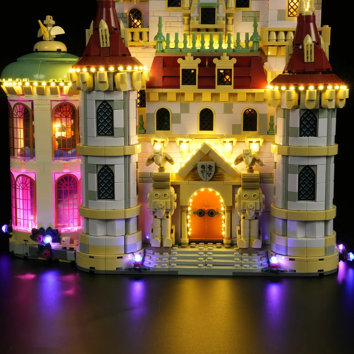 château construction lego disney lumiere led details architecturaux portes fenetres statues