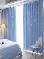 rideaux bleu clair étoiles blancs tissu semi transparent moderne doux rubans pompons semi opaque