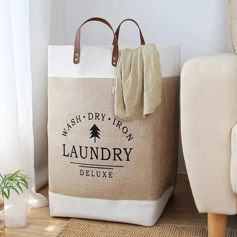 panier linge rustique vintage toile jute motif arbre poignées cuir beige blanc durable