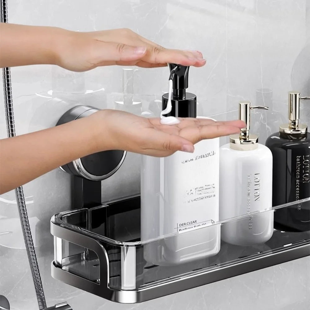 étagère salle bain moderne noir brillante adhésive minimaliste rangement pot crème pompe savon lotion