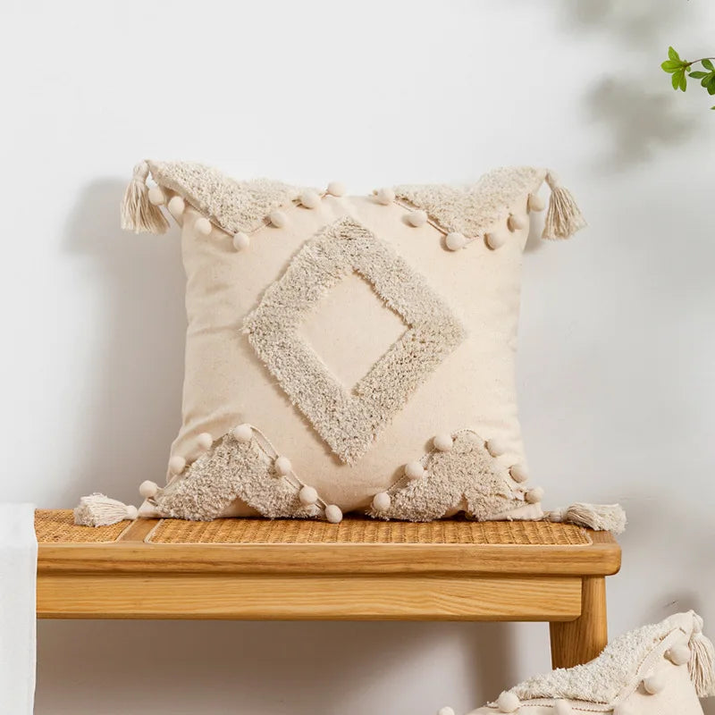 coussin beige géométrique frange boho chic intérieur décoration maison lavable