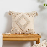 coussin beige géométrique frange boho chic intérieur décoration maison lavable