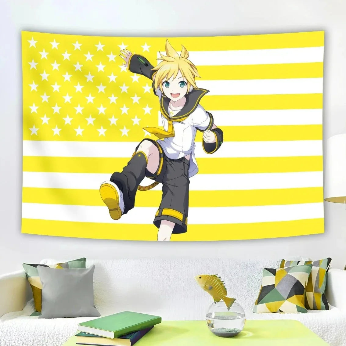 tapisserie moderne étoiles blanches fond jaune personnage animé 40x60cm 60x90cm 90x150cm 120x180cm 150x200cm