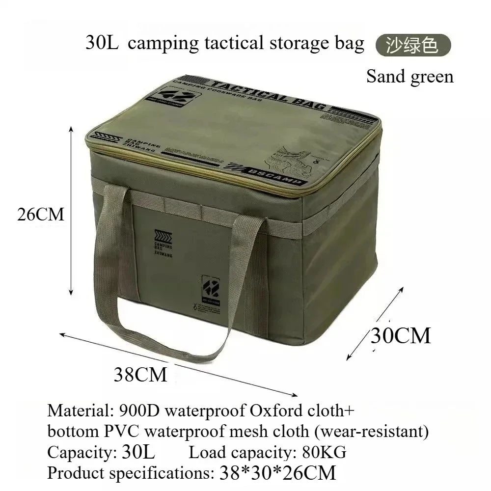 sac rangement camping vert olive imprimé militaire 30L étanche boucles métalliques assiettes couvercles bouteille