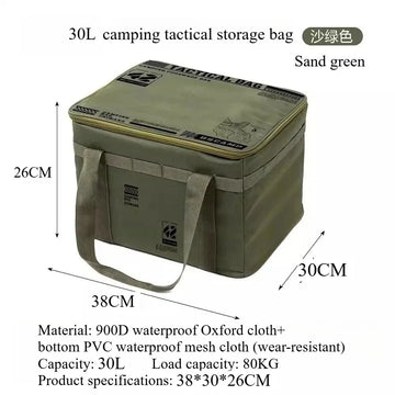 sac rangement camping vert olive imprimé militaire 30L étanche boucles métalliques assiettes couvercles bouteille