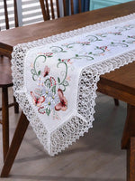 nappe brodée papillons motifs floraux bordure dentelle semi transparente blanc crème verte rouge automne