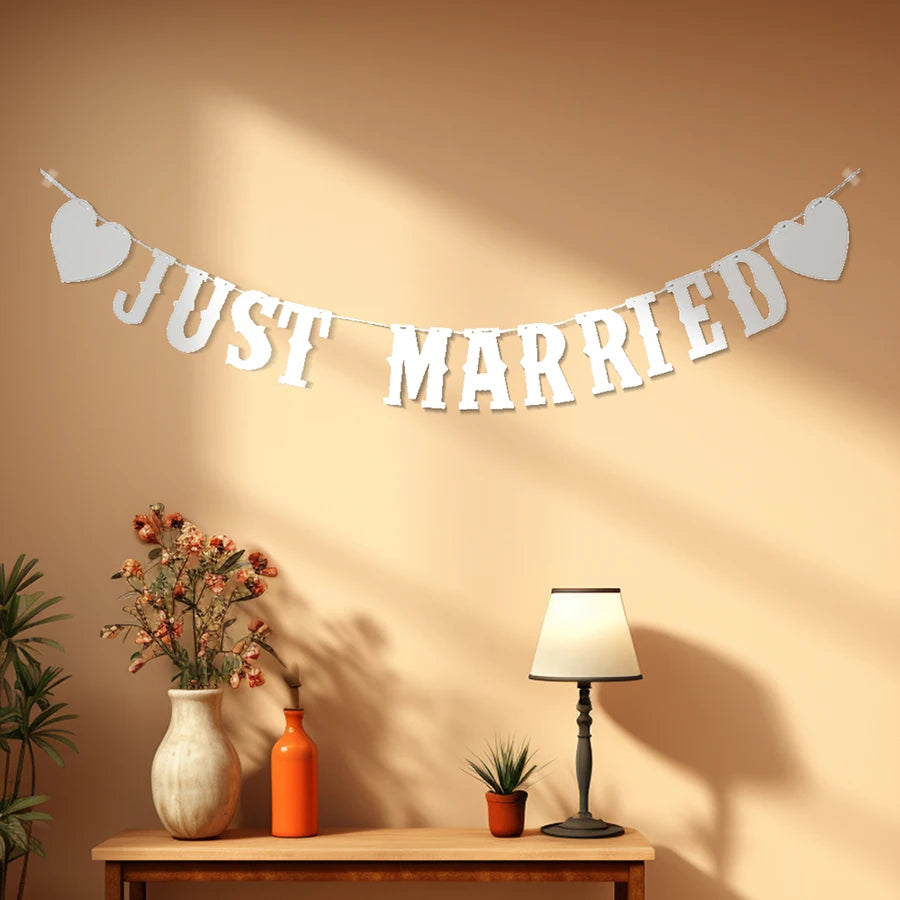 guirlande juste married blanc argenté lettres relief coeurs occasion mariage anniversaire festive suspension okolets