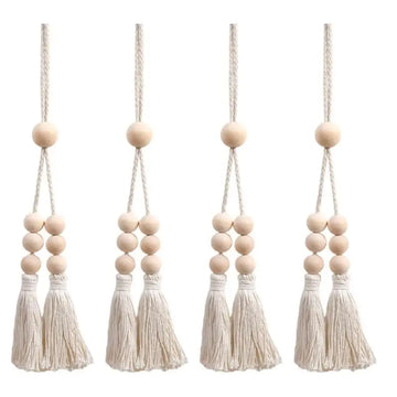 rideau polonais moderne beige uni bois pompons coton accessoires cotonnants