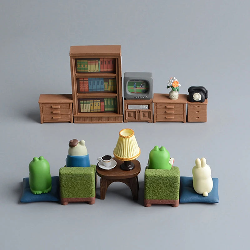 meubles salon miniature résine moderne brun bleu vert tapis fauteuil table basse bibliothèque