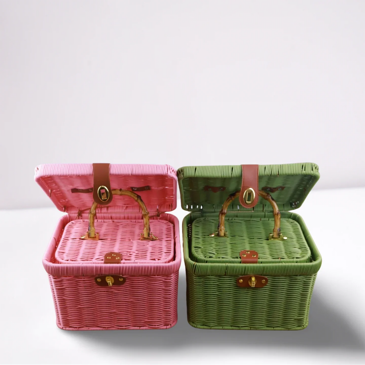 paniers rangement tressés rose vert marron poignées métalliques couvercle verrouillable vintage multifonctionnels