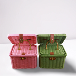 paniers rangement tressés rose vert marron poignées métalliques couvercle verrouillable vintage multifonctionnels