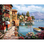 tableau point croix paysage marin bâtiments fleurs ciel montagnes orange vert bleu blanc marron