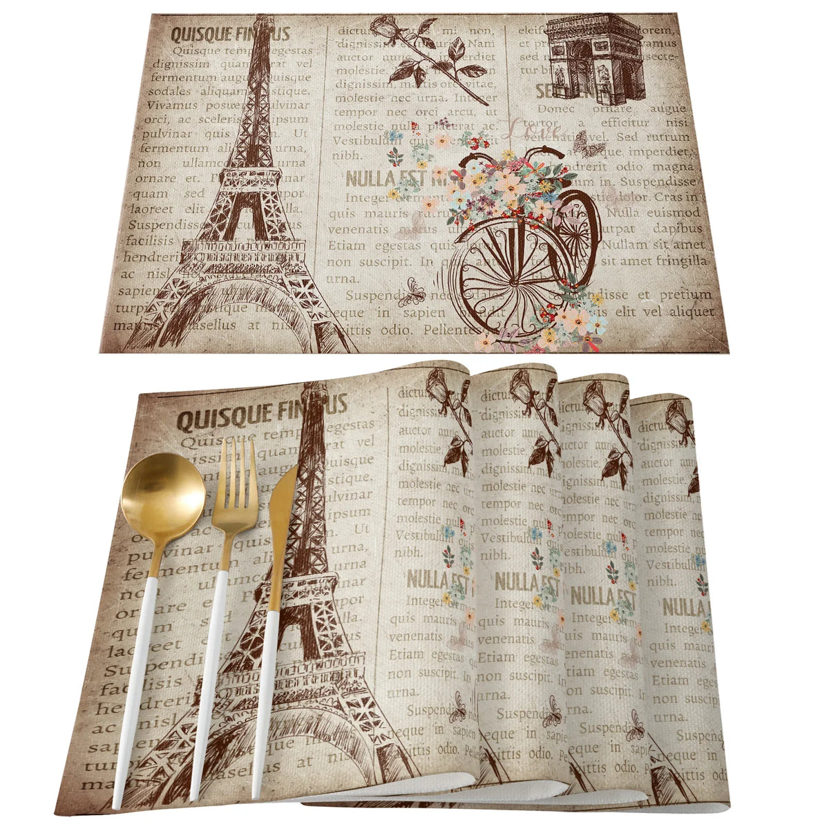 serviettes table imprimées tour eiffel fleurs cerisier moderne rose gris beige